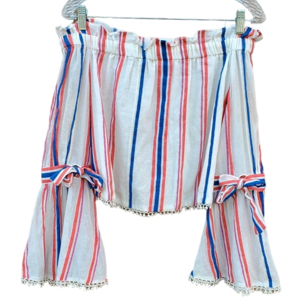 Red Carter‎ Striped Croptop Bows Pom Poms Open Back XS NWT